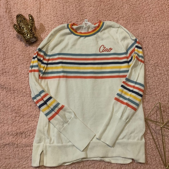trim and true Sweaters - A white sweater with rainbow stripes